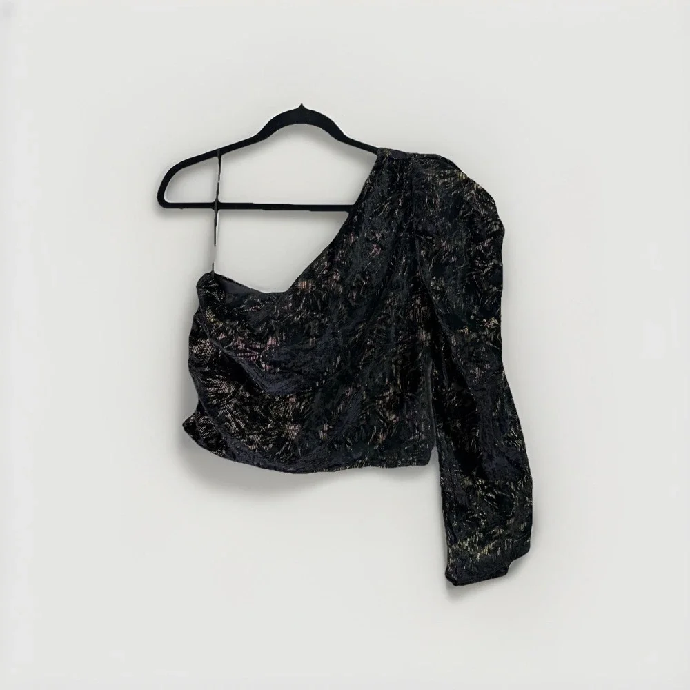 Express One Shoulder Black & Gold Metallic Ruched Crop Top Women's‎ Small Party